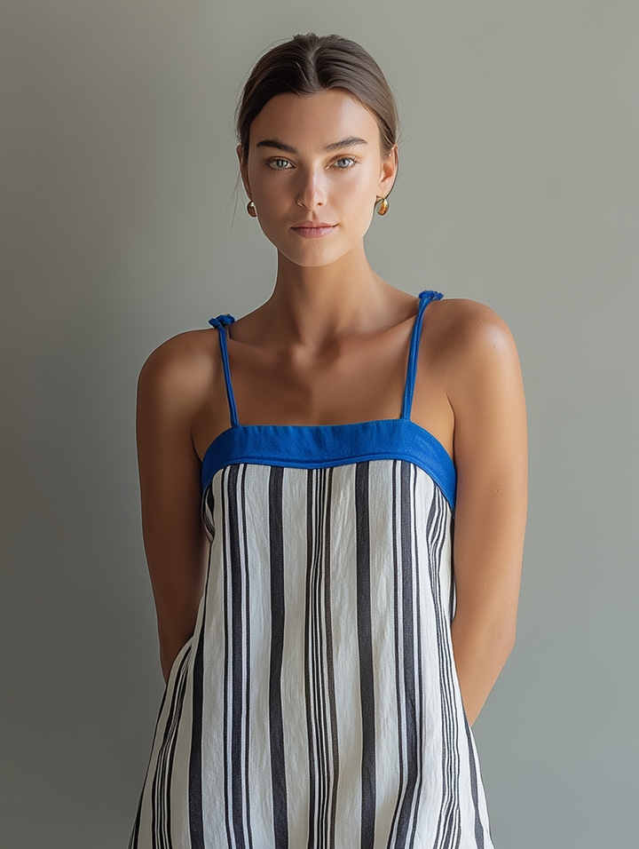 Women's Minimalist Linen-Blend Striped Square-Neck Spaghetti Strap Mini Dress MDZ0104F0Y