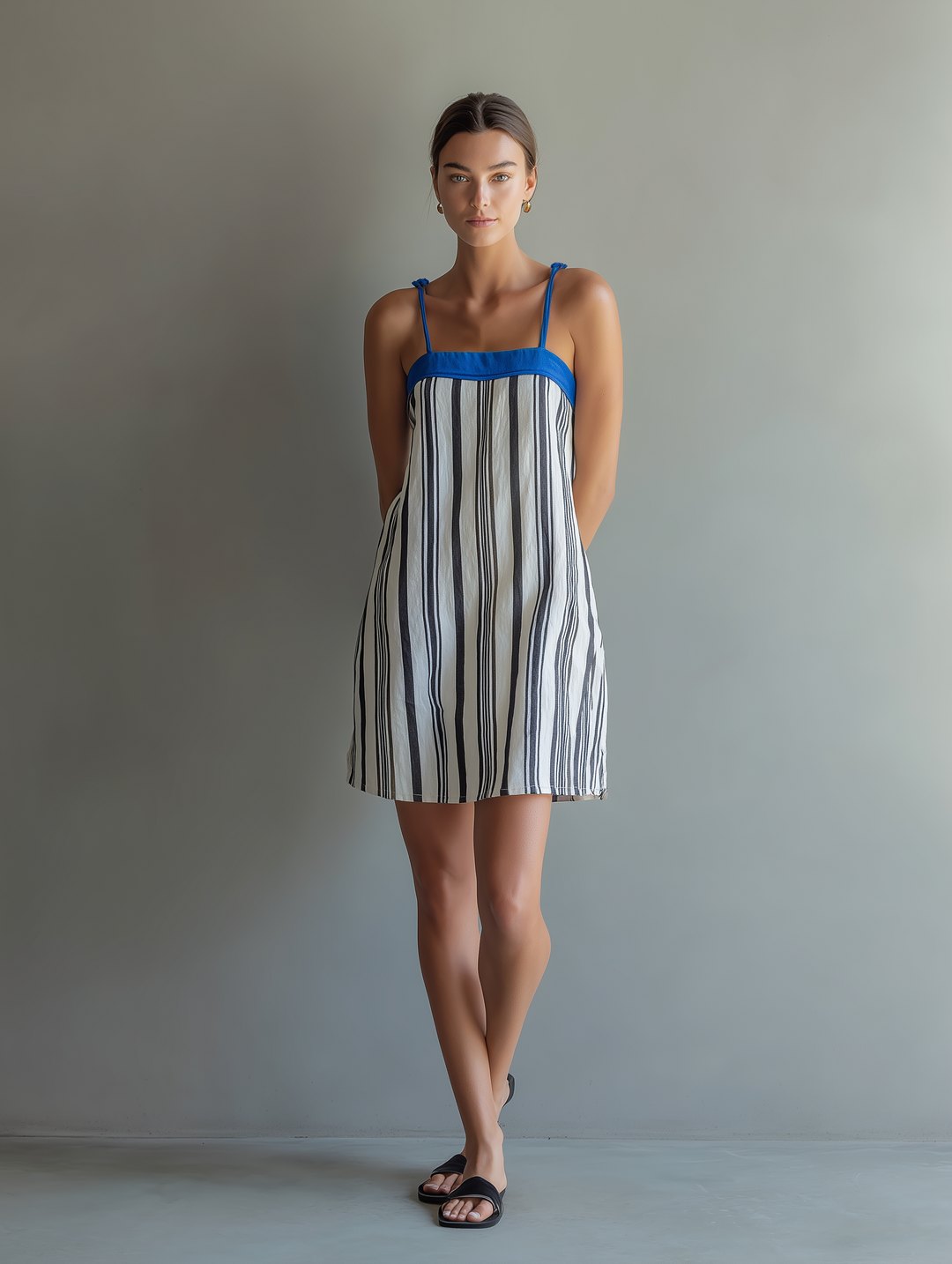 Women's Minimalist Linen-Blend Striped Square-Neck Spaghetti Strap Mini Dress MDZ0104F0Y