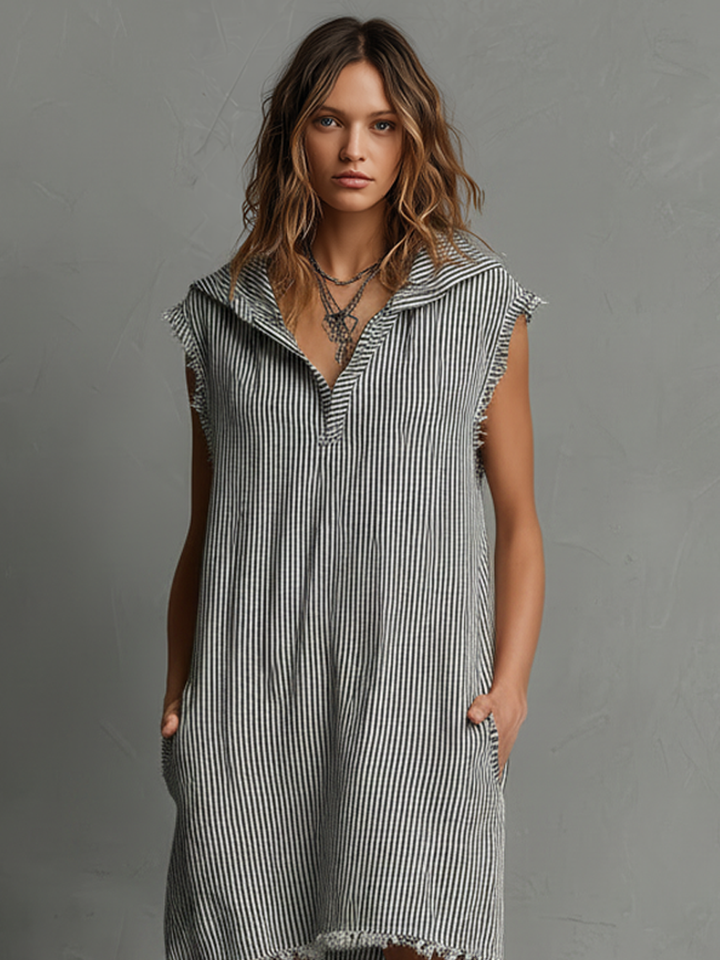 Women's Minimalist Striped Hooded Sleeveless Raw-Hem Mini Dress MDZ0135F1Y