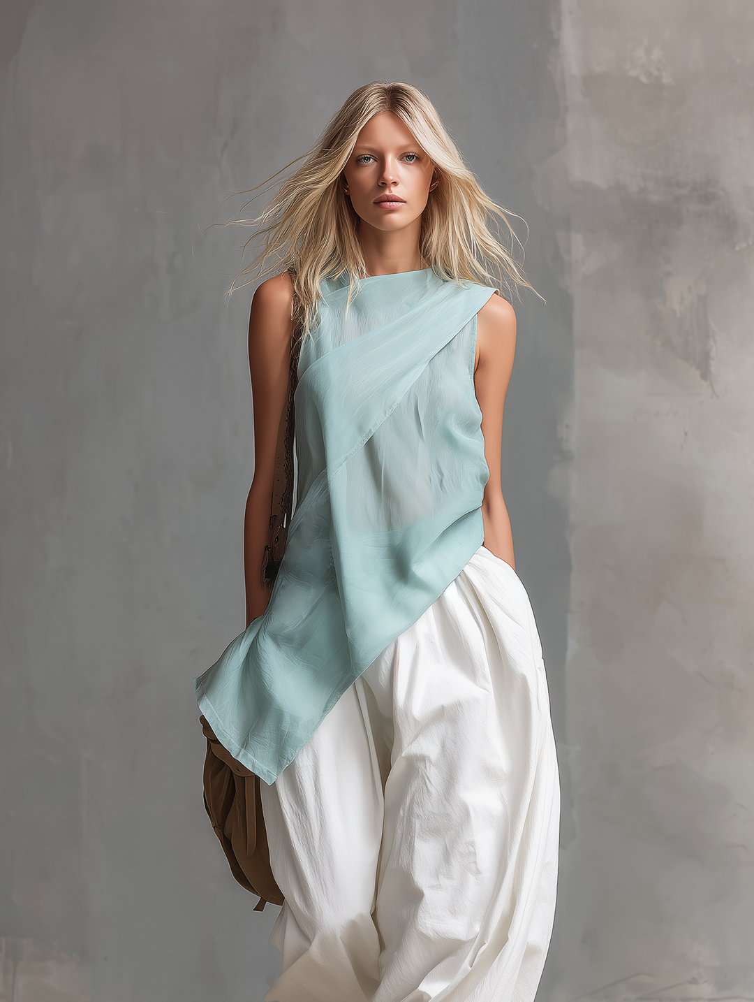 Women's Casual Mint Green Chiffon Sleeveless Top And Woven White Trousers Set MDZ0192F1LXY