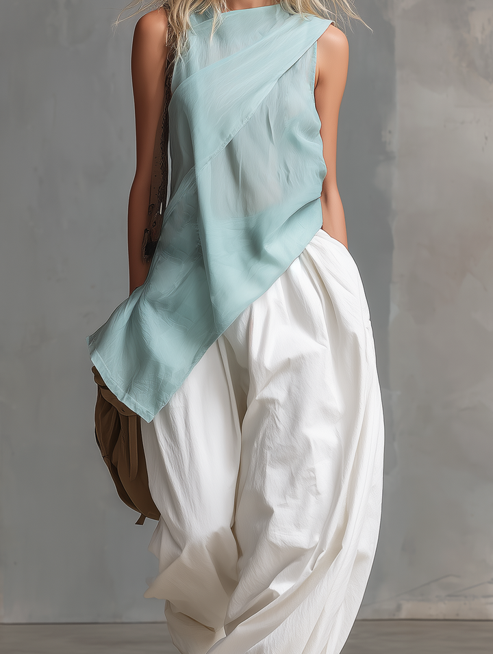 Women's Casual Mint Green Chiffon Sleeveless Top And Woven White Trousers Set MDZ0192F1LXY