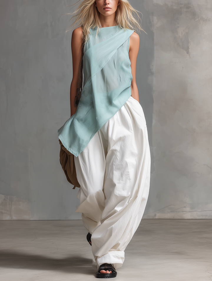 Women's Casual Mint Green Chiffon Sleeveless Top And Woven White Trousers Set MDZ0192F1LXY