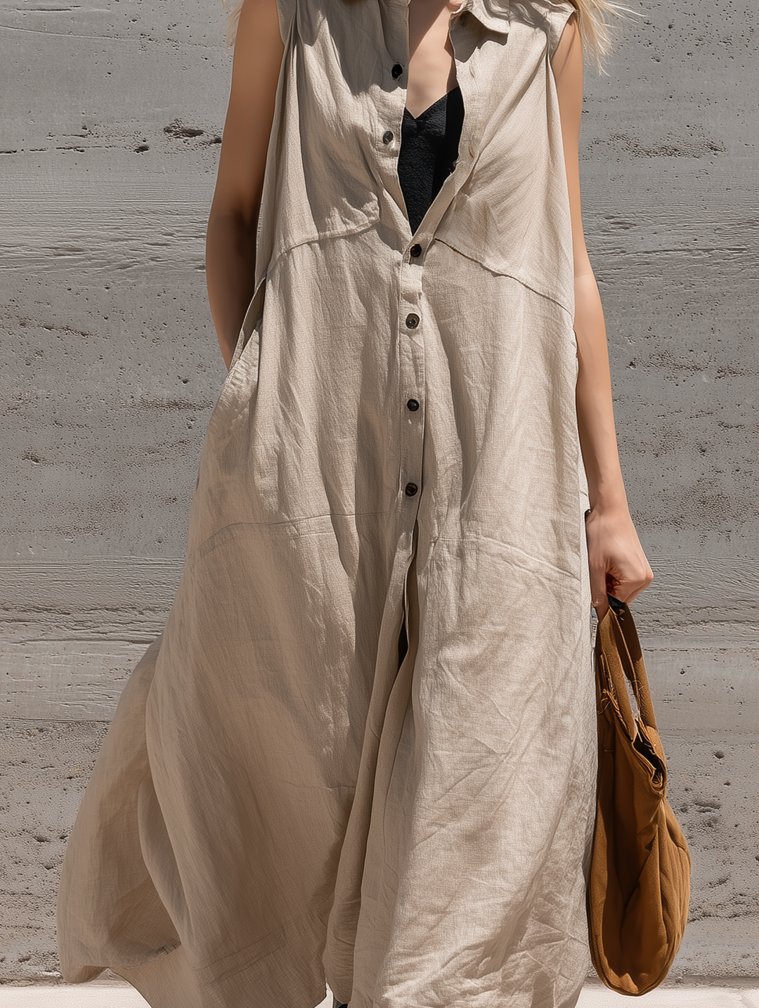 Women's Casual Khaki Cotton-Linen Sleeveless Loose Shirt Dress MDZ0131F5LXY
