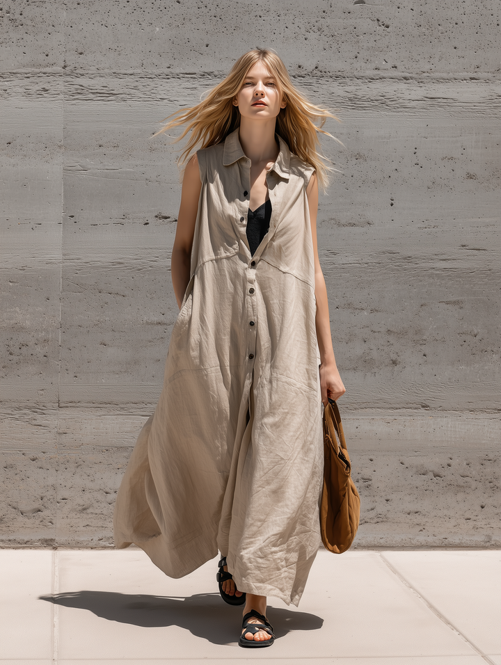 Women's Casual Khaki Cotton-Linen Sleeveless Loose Shirt Dress MDZ0131F5LXY