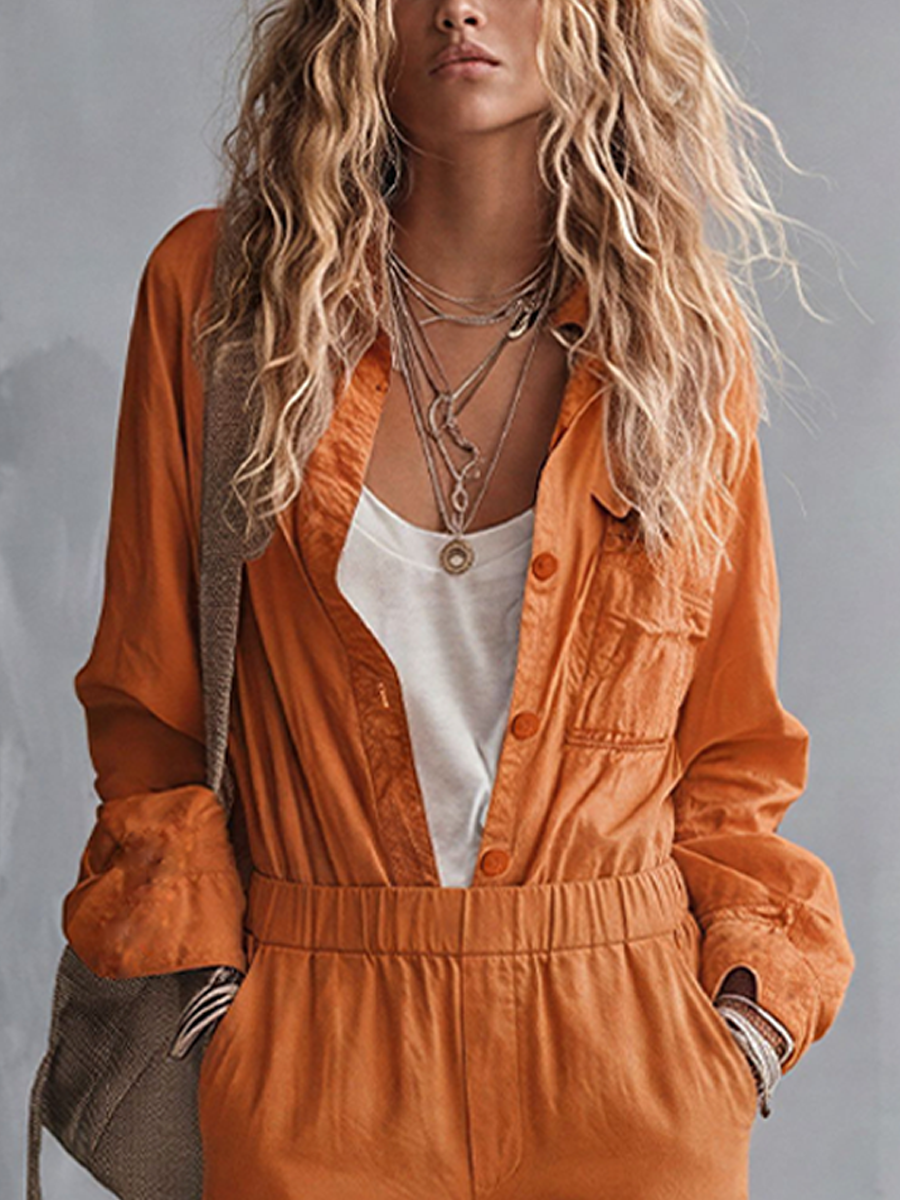Women's Retro Style Orange Linen Blend Collared Long-Sleeve Elastic Waist Jumpsuit MDZ0184F5GMJ
