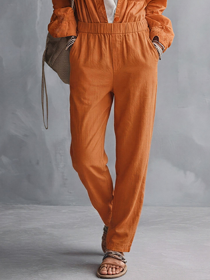 Women's Retro Style Orange Linen Blend Collared Long-Sleeve Elastic Waist Jumpsuit MDZ0184F5GMJ