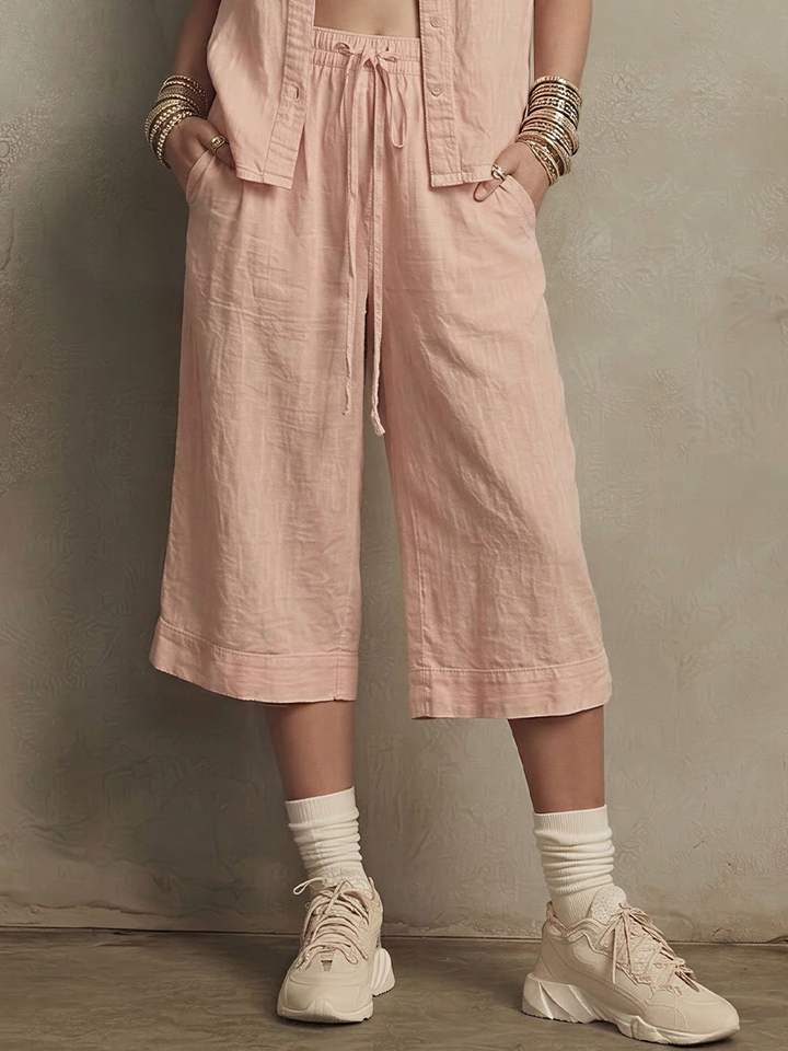Women's Casual Style Light Pink Linen Blend Sleeveless Shirt & Wide-Leg Cropped Pants Set MDZ0110F1GMJ