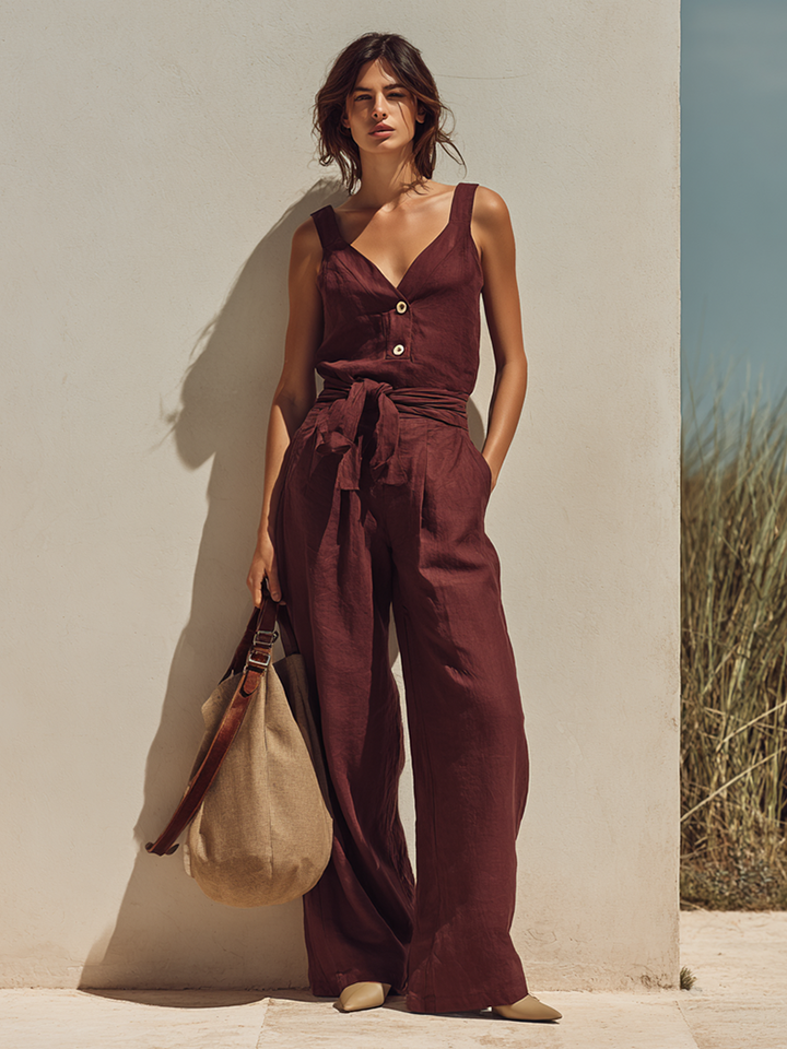Women’s Minimalist Loose-fitting Burgundy Sash Waist Sleeveless Linen Jumpsuit MDZ0235F5ZRK
