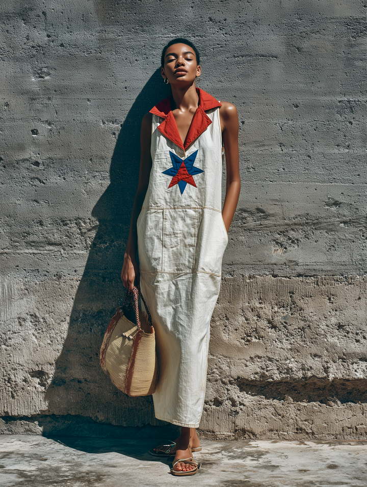 Women’s White Sleeveless Collared Maxi Dress With Star Patch & Front Patch Pockets MDZ0268F7T