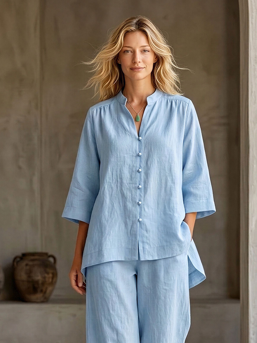 Women's Pale Blue Linen Co-Ord With Three-Quarter Sleeve Blouse & High Waist Wide Leg Culottes, Modern Effortless-Chic Vacation Outfit MDZ0267F6LYL