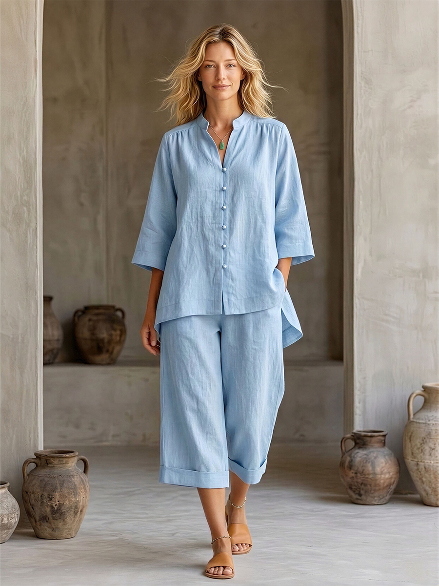 Women's Pale Blue Linen Co-Ord With Three-Quarter Sleeve Blouse & High Waist Wide Leg Culottes, Modern Effortless-Chic Vacation Outfit MDZ0267F6LYL