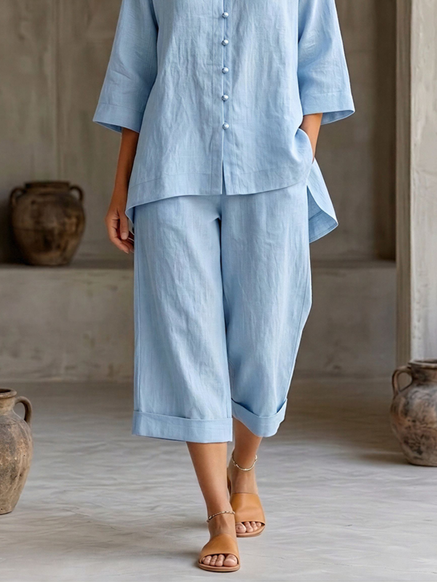 Women's Pale Blue Linen Co-Ord With Three-Quarter Sleeve Blouse & High Waist Wide Leg Culottes, Modern Effortless-Chic Vacation Outfit MDZ0267F6LYL