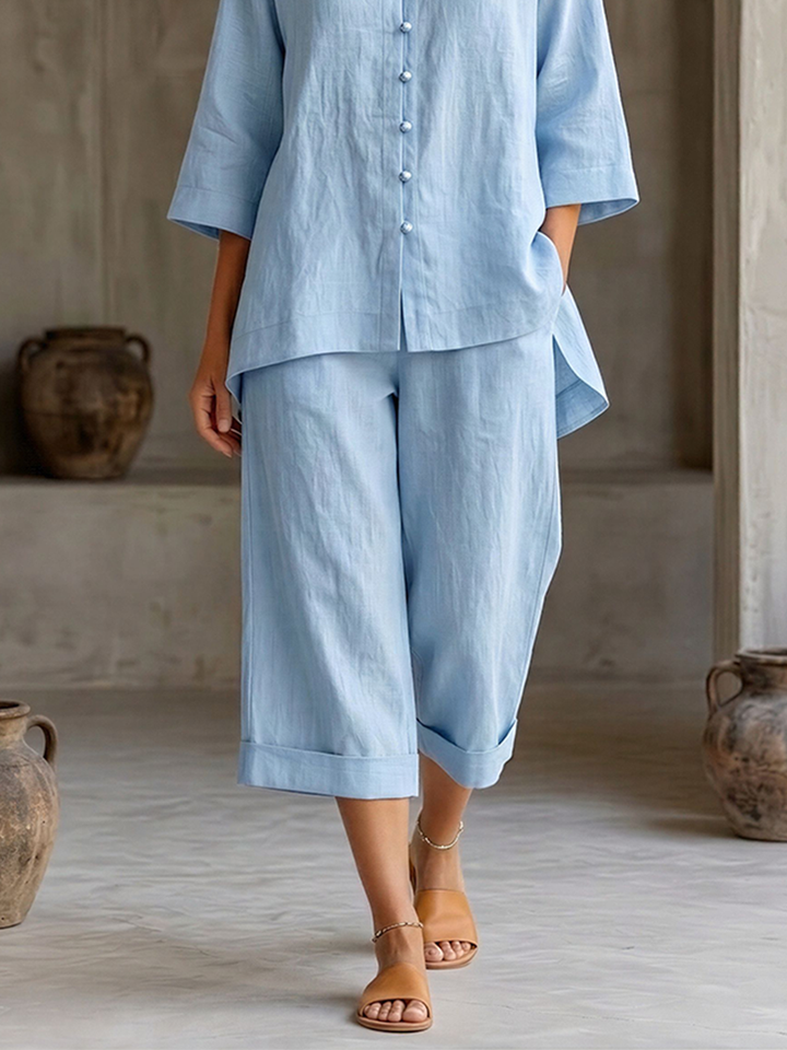 Women's Pale Blue Linen Co-Ord With Three-Quarter Sleeve Blouse & High Waist Wide Leg Culottes, Modern Effortless-Chic Vacation Outfit MDZ0267F6LYL