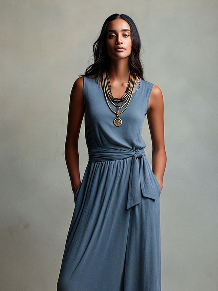Women's Dusty Blue Cotton-Blend Maxi Dress With Self-Tie Waist Sash & Side Pockets, Timeless Boho Casual Dress MDZ0208F6LYL