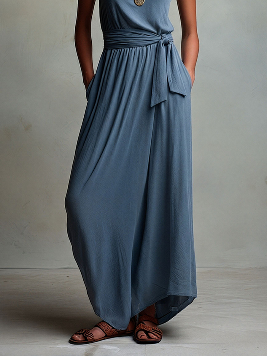 Women's Dusty Blue Cotton-Blend Maxi Dress With Self-Tie Waist Sash & Side Pockets, Timeless Boho Casual Dress MDZ0208F6LYL
