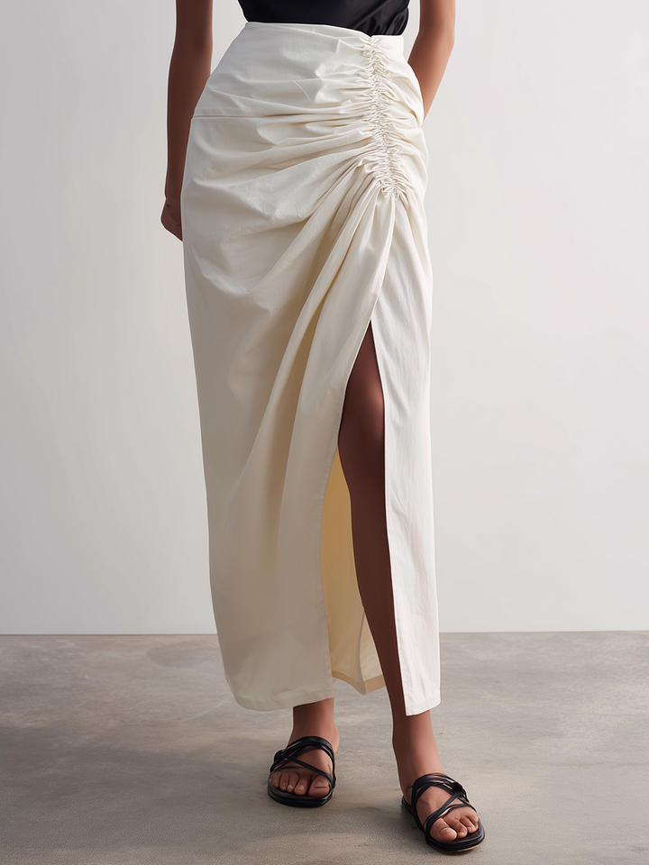 Women’s Off-White High Waisted Side Ruched Wrap Maxi Skirt With High Side Slit MDZ0272F0T