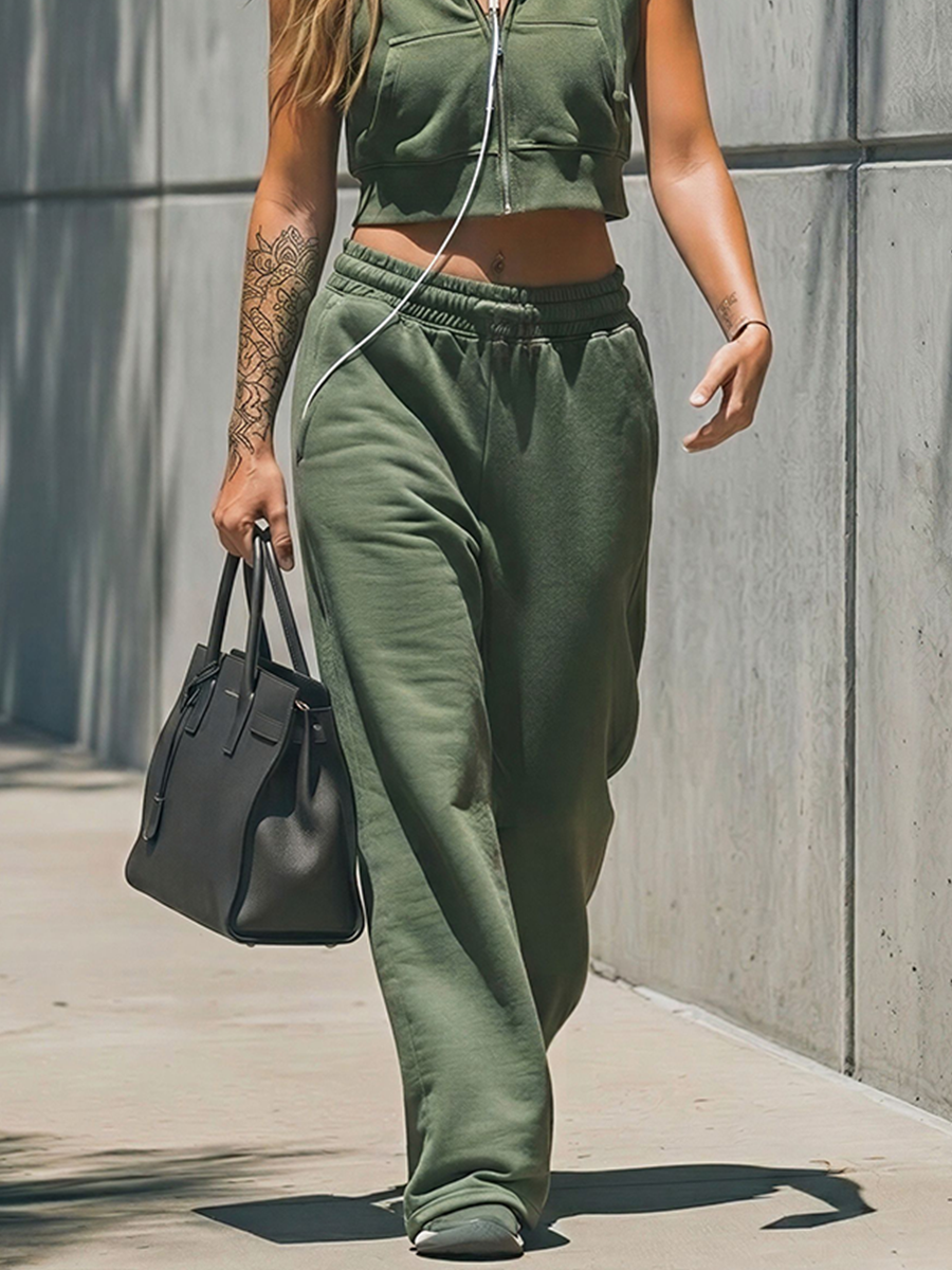 Women's Olive Green Cotton-Blend Two-Piece Outfit With Zip Hooded Sleeveless Crop Top & Elastic Waist Wide Leg Sweatpants, Street Casual Athleisure Set MDZ0271F3LYL