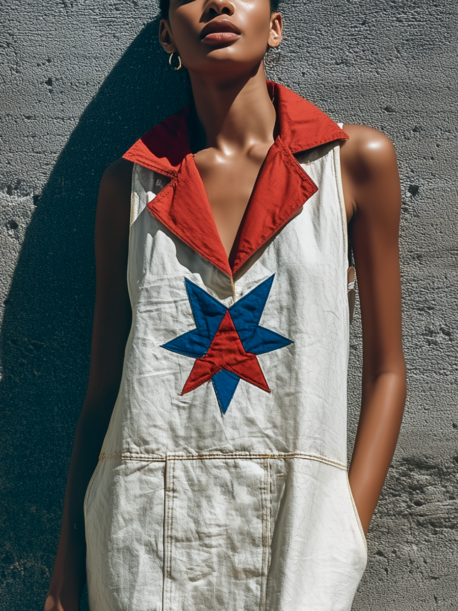 Women’s White Sleeveless Collared Maxi Dress With Star Patch & Front Patch Pockets MDZ0268F7T