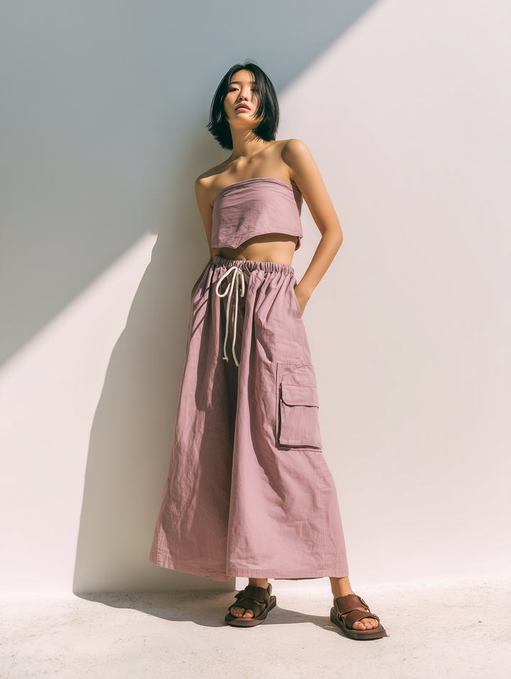 Women’s Dusty Pink Tube Crop Top & Drawstring Cargo Wide-Leg Pants Two-Piece Set MDZ0234F6T