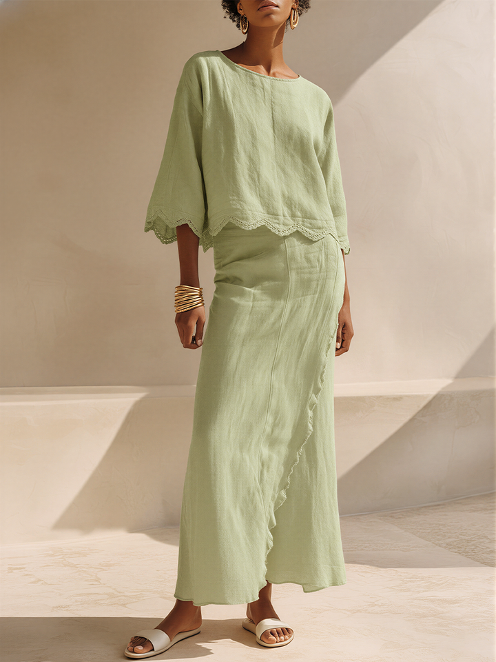 Women’s Sage Green Linen-Blend Lace-Hem Crop Top & Asymmetrical Overlocking Maxi Skirt Two-Piece Set MDZ0223F2T