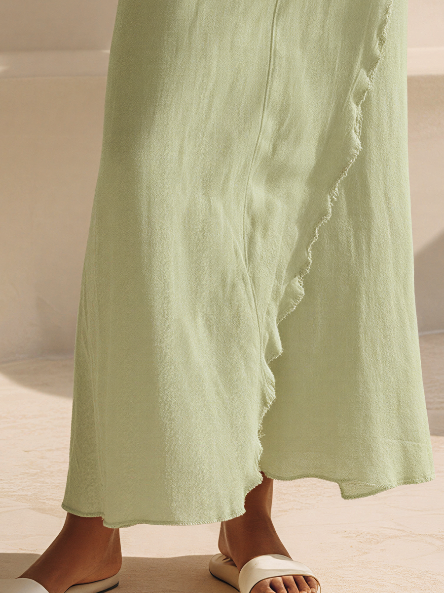 Women’s Sage Green Linen-Blend Lace-Hem Crop Top & Asymmetrical Overlocking Maxi Skirt Two-Piece Set MDZ0223F2T