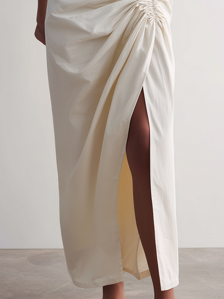 Women’s Off-White High Waisted Side Ruched Wrap Maxi Skirt With High Side Slit MDZ0272F0T
