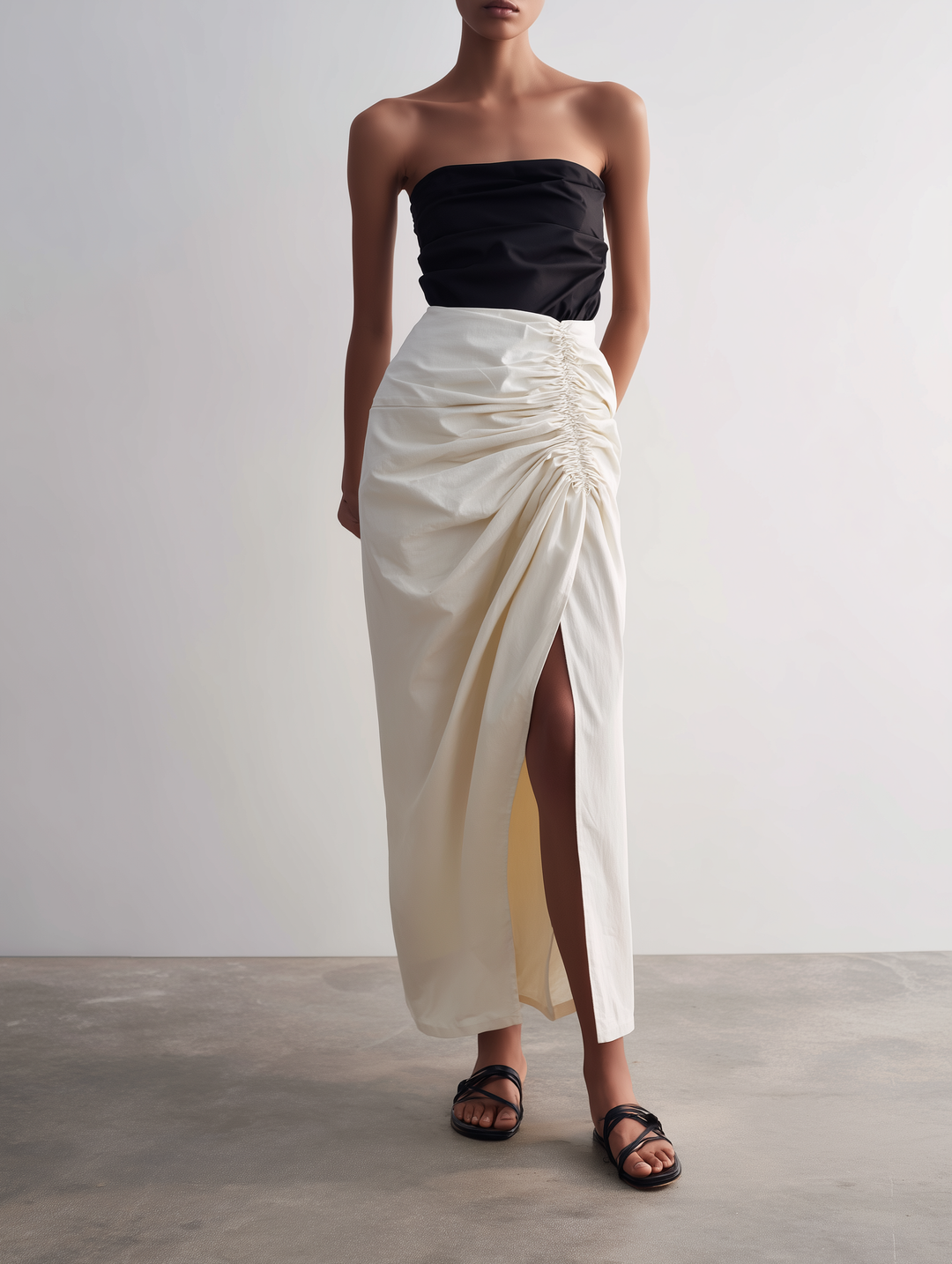 Women’s Off-White High Waisted Side Ruched Wrap Maxi Skirt With High Side Slit MDZ0272F0T