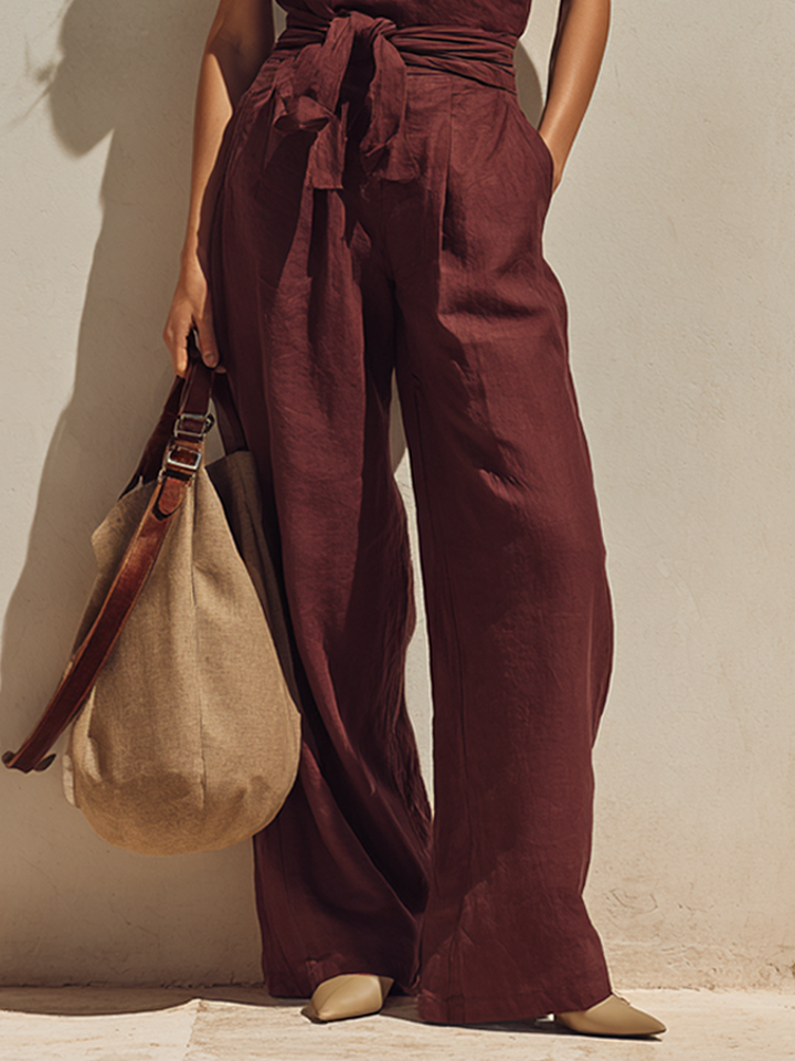 Women’s Minimalist Loose-fitting Burgundy Sash Waist Sleeveless Linen Jumpsuit MDZ0235F5ZRK