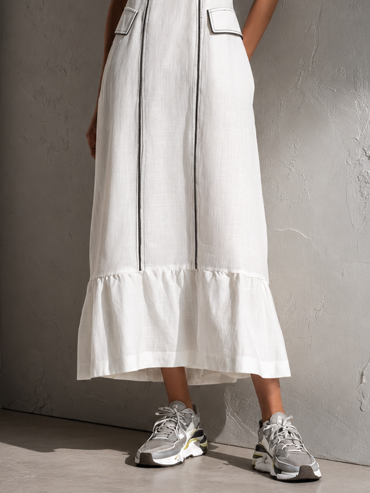 Women's Cotton-Linen Sleeveless V-Neck Maxi Dress With Decorative Stitching And Ruffles MDZ0285F9ZJW