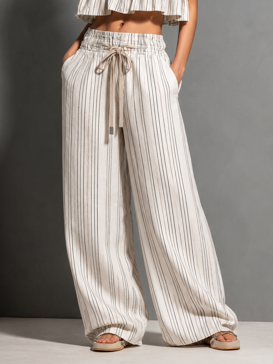 Women's Cotton-Linen Striped Set: Double-Tiered Ruffle Bandeau Top And Drawstring Wide-Leg Pants MDZ0200F6ZJW