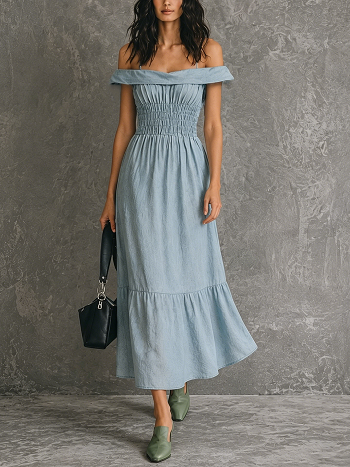 Women's French-Style Elegant Light Blue Cotton And Linen Pleated Off-Shoulder Fitted Maxi Dress MDZ0234F7GMJ