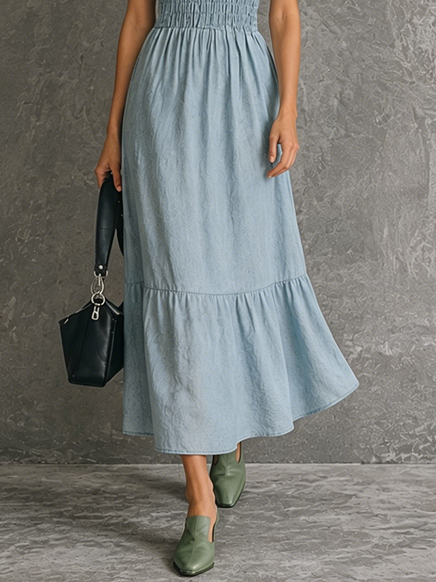 Women's French-Style Elegant Light Blue Cotton And Linen Pleated Off-Shoulder Fitted Maxi Dress MDZ0234F7GMJ