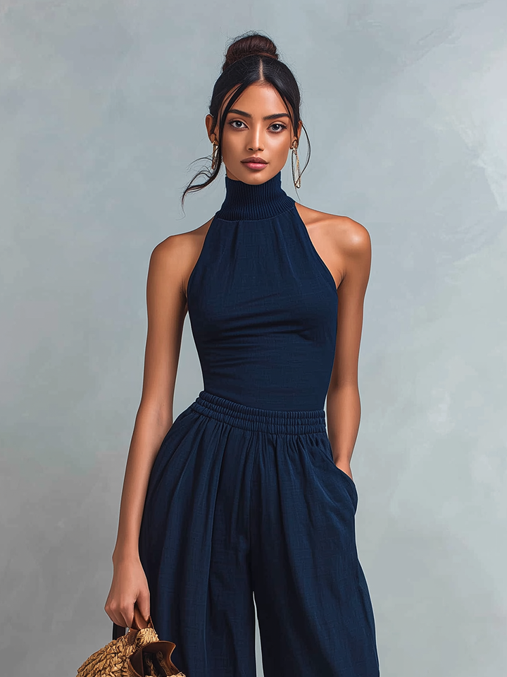 Women's Cotton-Blend Sleeveless High-Neck Slim-Fit Wide-Leg Jumpsuit In Dark Blue MDZ0270F1ZJW