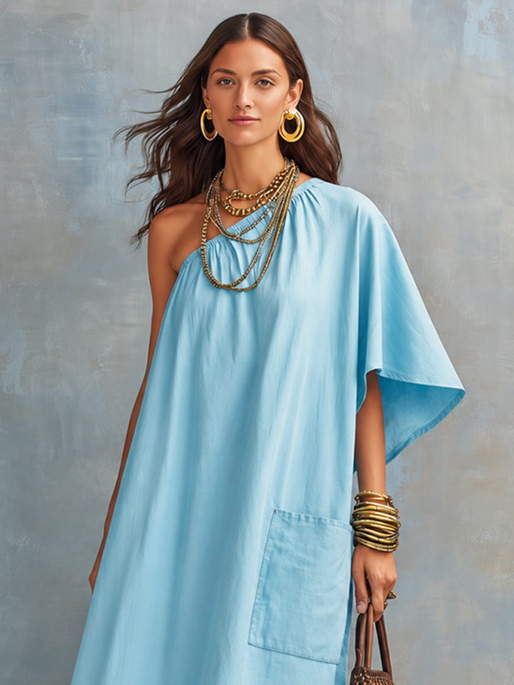 Women's Minimalist Cotton-Linen Loose-Fit One-Shoulder Short-Sleeve Maxi Dress MDZ0243F1ZJW