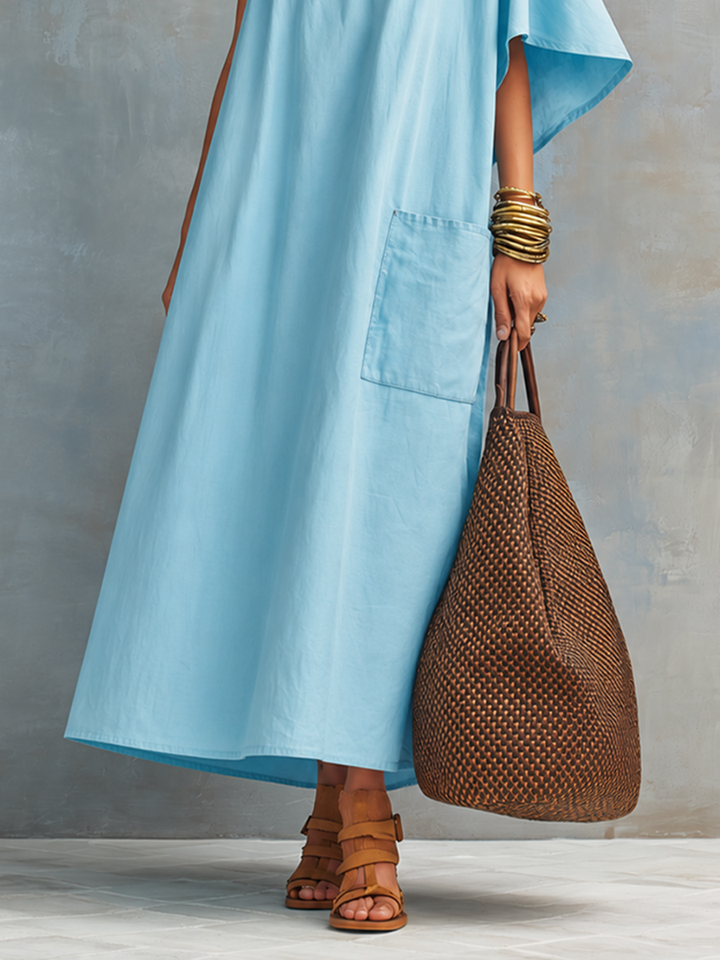 Women's Minimalist Cotton-Linen Loose-Fit One-Shoulder Short-Sleeve Maxi Dress MDZ0243F1ZJW