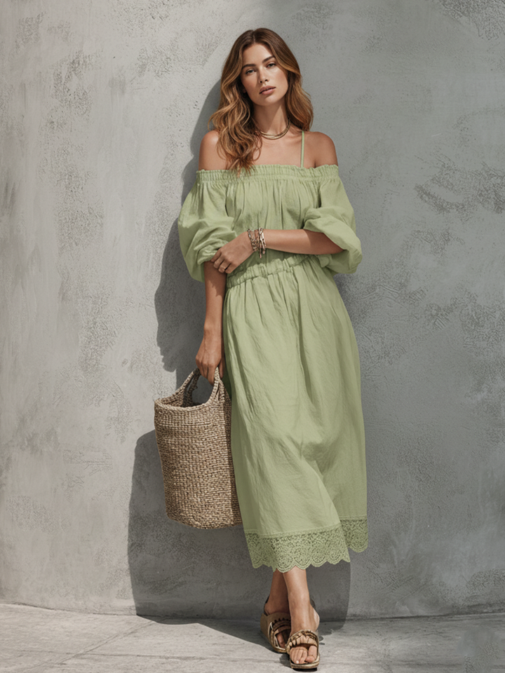 Women's Bohemian Style Avocado Green Linen Blend Elastic Off-shoulder Puff Sleeve Lace Hem Maxi Dress MDZ0211F5GMJ