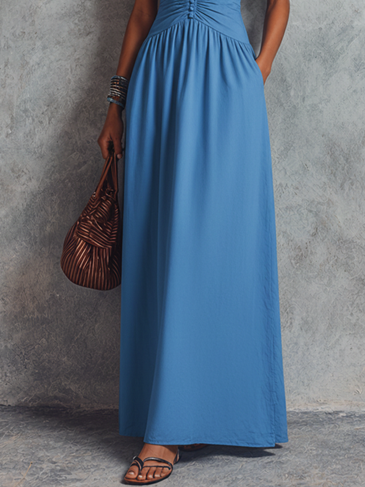 Women's Vacation Style Royal Blue Cotton Blend Deep V Sleeveless Hand Ruched Button Pocket Maxi Dress MDZ0218F3GMJ