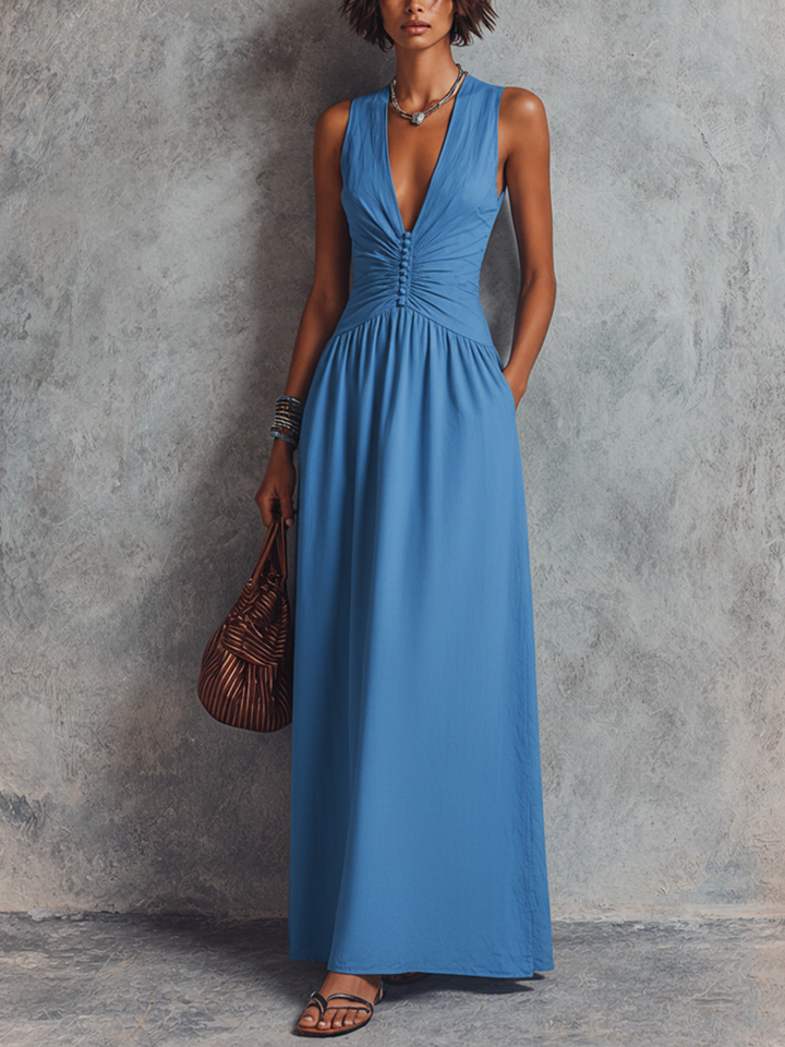 Women's Vacation Style Royal Blue Cotton Blend Deep V Sleeveless Hand Ruched Button Pocket Maxi Dress MDZ0218F3GMJ