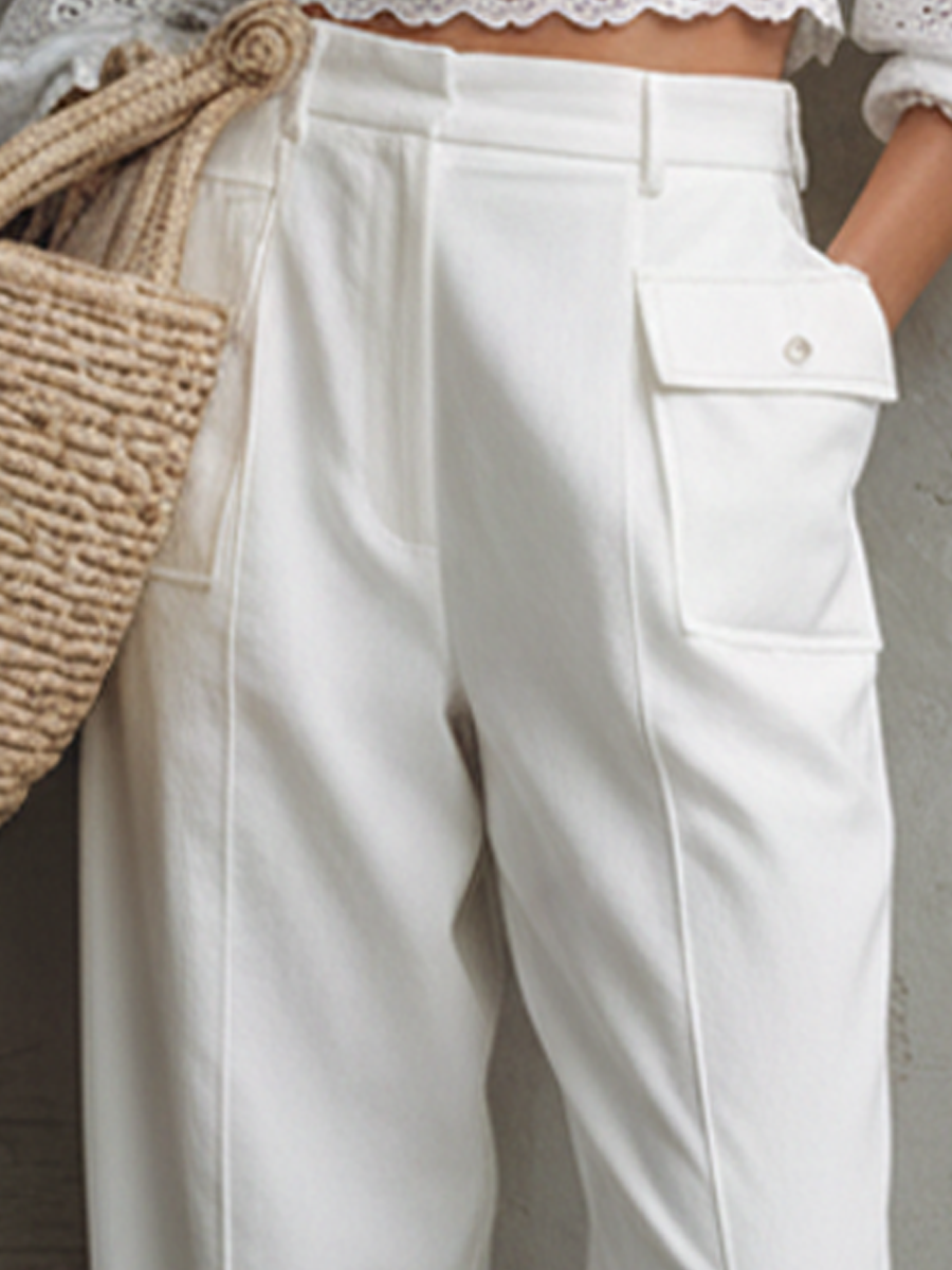 Women's Casual Everyday Style Pure White Cotton Blend Cargo Pocket High-Waisted Full-Length Wide-Leg Pants MDZ0201F9GMJ