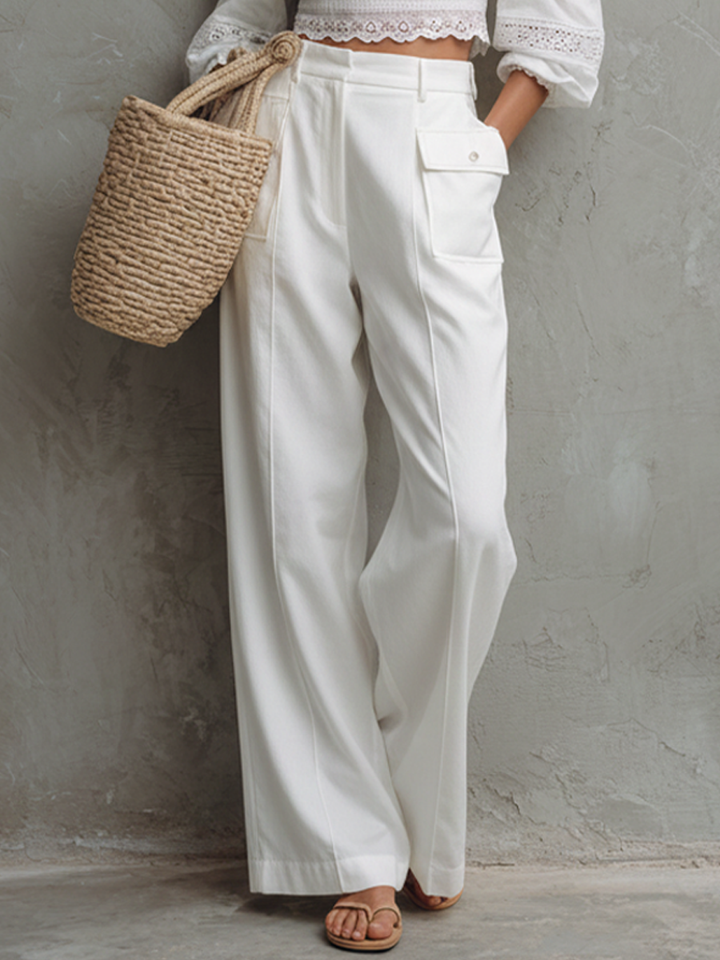 Women's Casual Everyday Style Pure White Cotton Blend Cargo Pocket High-Waisted Full-Length Wide-Leg Pants MDZ0201F9GMJ