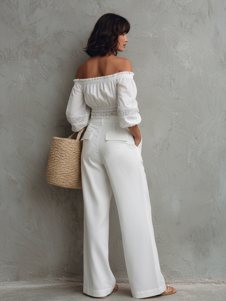 Women's Casual Everyday Style Pure White Cotton Blend Cargo Pocket High-Waisted Full-Length Wide-Leg Pants MDZ0201F9GMJ