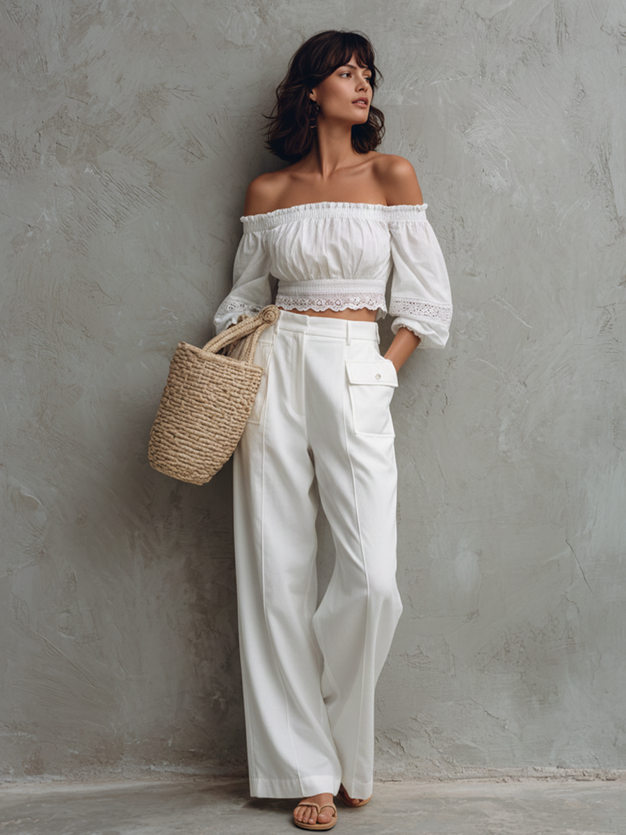 Women's French Casual Style Pure White Washed Cotton Eyelet Lace Smocked Puff Sleeve Cropped Top MDZ0206F1GMJ