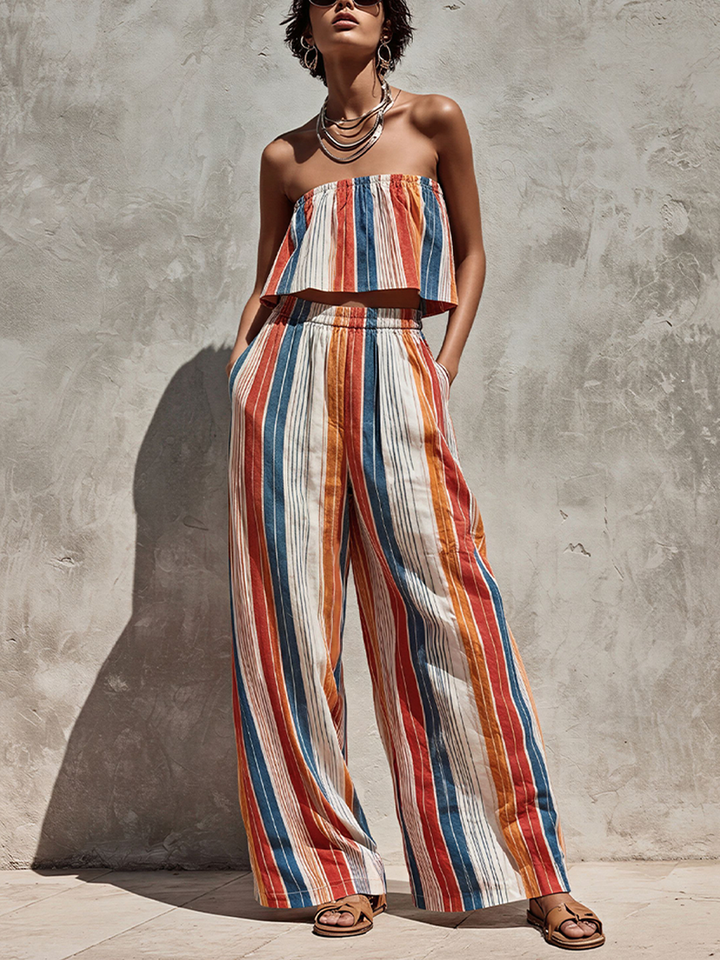 Women's Retro Resort Style Multi-Color Vertical Striped Printed Cotton Blend Bandeau Top Paired With Long Wide-Leg Pants Suit MDZ0239F0GMJ