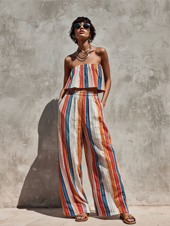 Women's Retro Resort Style Multi-Color Vertical Striped Printed Cotton Blend Bandeau Top Paired With Long Wide-Leg Pants Suit MDZ0239F0GMJ