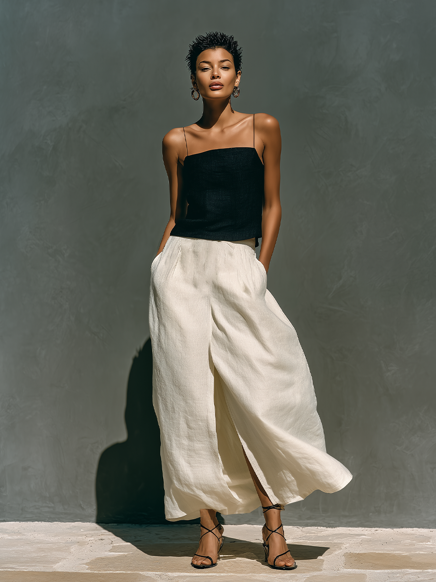 Women's Black & Off-White Linen-Blend Two-Piece Set With Thin Strap Crop Cami & High Slit Skirt, Minimalist Casual Resort Outfit MDZ0363F1LYL