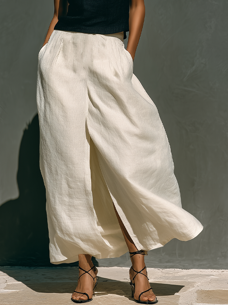 Women's Black & Off-White Linen-Blend Two-Piece Set With Thin Strap Crop Cami & High Slit Skirt, Minimalist Casual Resort Outfit MDZ0363F1LYL