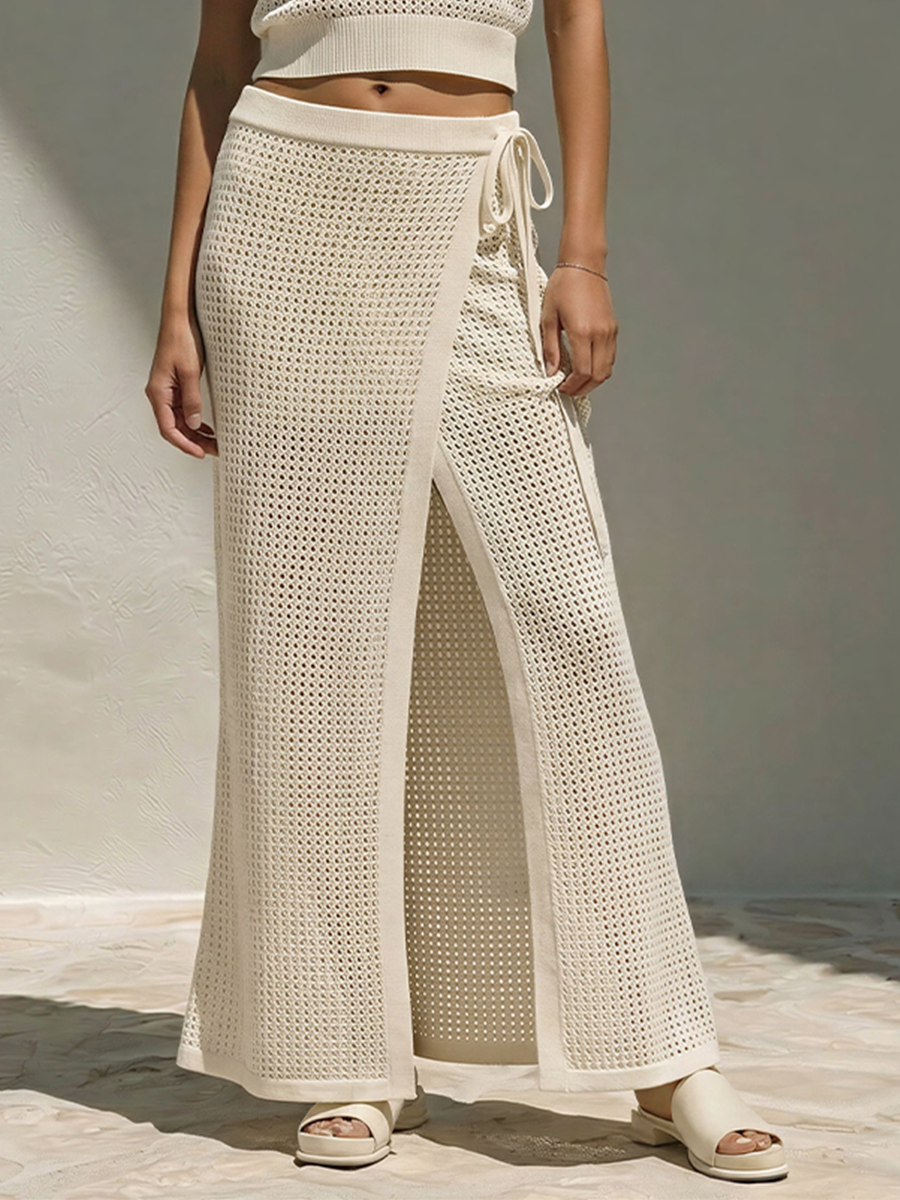 Women's Off White Crochet Knit  Two-Piece Set With Polo Collar Short Sleeve Crop Top & Side Tie Split Maxi Skirt, Minimalist Summer Resort Outfit MDZ0371F3LYL