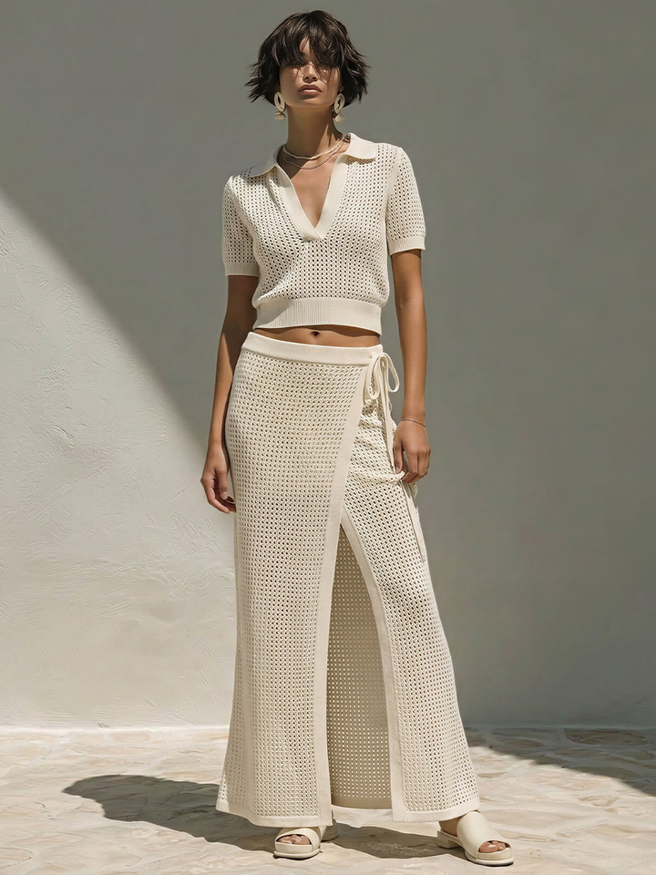 Women's Off White Crochet Knit  Two-Piece Set With Polo Collar Short Sleeve Crop Top & Side Tie Split Maxi Skirt, Minimalist Summer Resort Outfit MDZ0371F3LYL