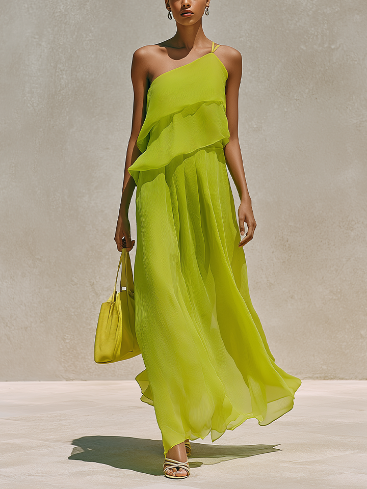Women’s Lime Green Asymmetrical Single Strap Ruffled Layered Chiffon Beach Maxi Dress MDZ0344F7T