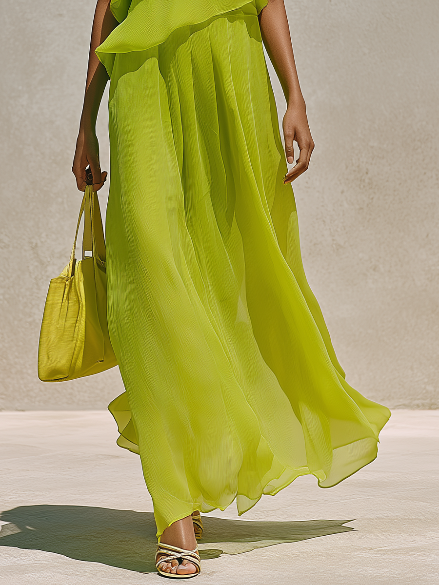 Women’s Lime Green Asymmetrical Single Strap Ruffled Layered Chiffon Beach Maxi Dress MDZ0344F7T